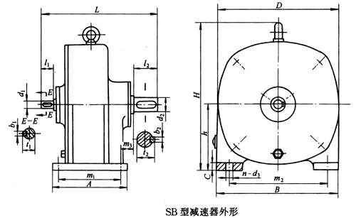 SB系列雙擺線針輪減速機外形及安裝尺寸、針齒中心圓直徑及傳動比