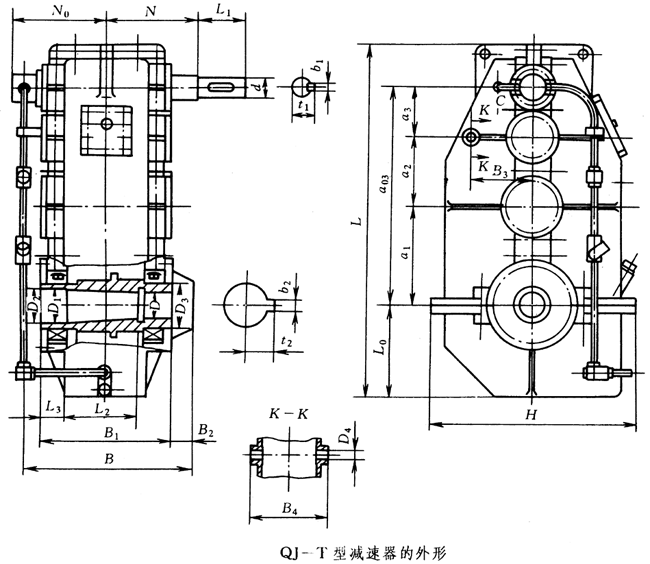 QJ-T型起重機套裝式減速器外形尺寸及安裝尺寸